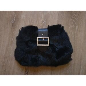 Aqua Madonna Black Rabbit Fur Clutch Roma Leather Trim Evening Bag Turquoise